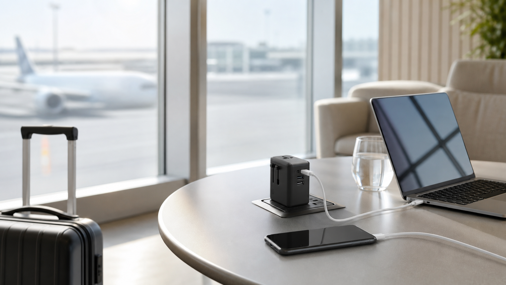 Travel adapter used with a laptop and phone in an airport lounge