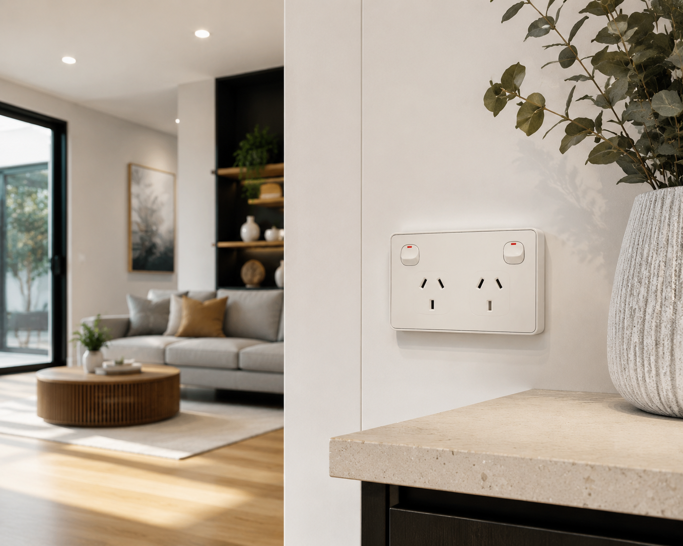 Wall switch and socket in a modern home interior